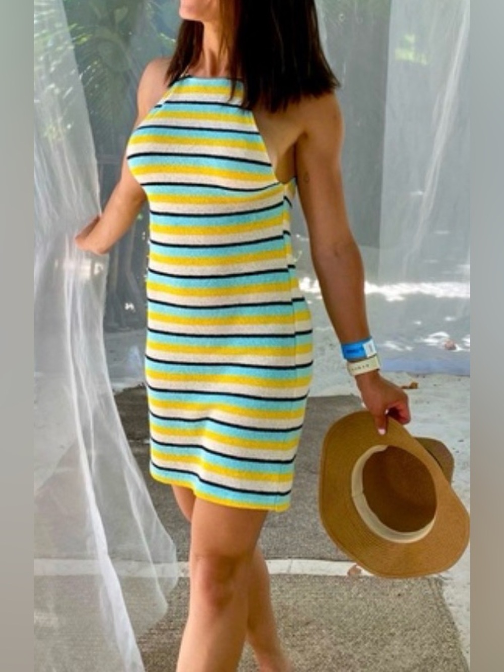 Zara Striped Halter Summer Dress in Yellow, Aqua & White